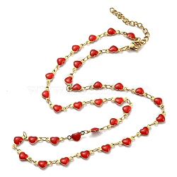 Ion Plating(IP) Golden 304 Stainless Steel Heart Link Chain Necklaces, with Enamel, Red, 17.72~17.91 inch(45~45.5cm)(NJEW-E098-02G-02)