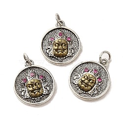 Brass Pendants, with Rhinestone and Jump Ring, Flat Round with Buddha Charms, Antique Silver & Antique Golden, 17.5x14.5x3mm, Hole: 3mm(KK-K357-02AS)