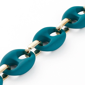 Handmade CCB Plastic & Rubberized Style Acrylic Coffee Bean Chains, Golden, Teal, 33x22.5x10.5mm, 19x12x4.5mm, 39.37 inch(1m)/strand