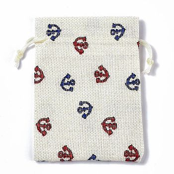 Burlap Packing Pouches Drawstring Bags, Rectangle, Floral White, Anchor & Helm, 13.5~14x10x0.35cm