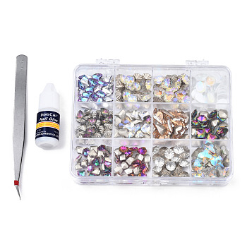 Nail Art Sets, with K9 Glass Cabochons, with Nail Glue and Tweezers, Mixed Shapes, Mixed Color, 135x9.5x5mm