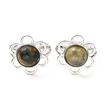 Natural Labradorite Adjustable Rings, Platinum Tone Flower Brass Rings for Women, Cadmium Free & Lead Free, US Size 7 3/4(17.9mm), 3~7mm