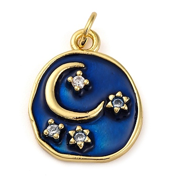 Brass Micro Pave Cubic Zirconia Pendants, with Enamel, Real 18K Gold Plated, Flat Round Charms, Star, 19x15x2.5mm, Hole: 3.4mm