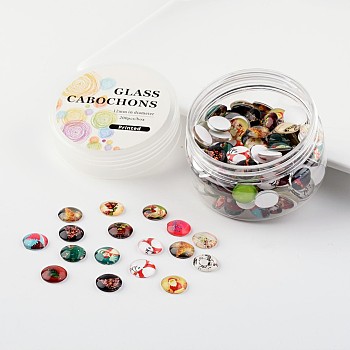 Glass Cabochons, Christmas Theme Printed, Half Round/Dome, Mixed Color, 12x4mm, about 180~190pcs/box