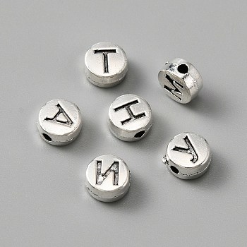 Zinc Alloy Spacer Beads, Flat Round with Random Letter A~Z, Antique Silver, 6.5x3.5mm, Hole: 1.5mm