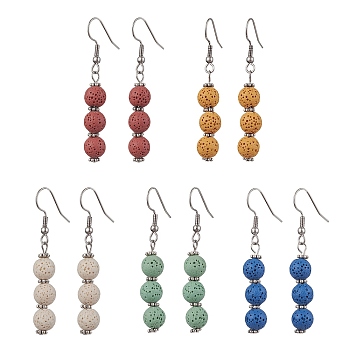 Dyed Nature Lava Rock Round Beaded Dangle Earrings for Women, Mixed Color, 53.5x8mm