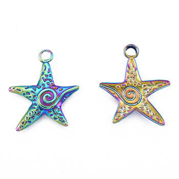 Ion Plating(IP) 201 Stainless Steel Pendants, Starfish, Rainbow Color, 23x20x2.5mm, Hole: 2mm