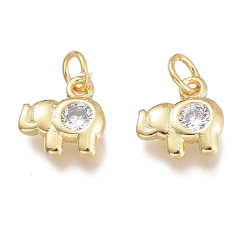 Brass Micro Pave Clear Cubic Zirconia Charms, with Jump Ring, Elephant, Golden, 7.5x7.5x2.5mm, Hole: 1.5mm, Jump Rings: 3.5x0.8mm