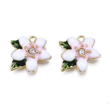 Rack Plating Alloy Enamel Charms, with Crystal Rhinestone, Flower, Cadmium Free & Lead Free, Golden, Pink, 14x15x4.5mm, Hole: 1.6mm