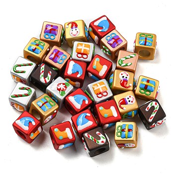 Christmas Acrylic European Beads, with Enamel, Large Hole Beads, Cube with Mixed Pattern, Mixed Color, 12x12x12mm, Hole: 6.9mm