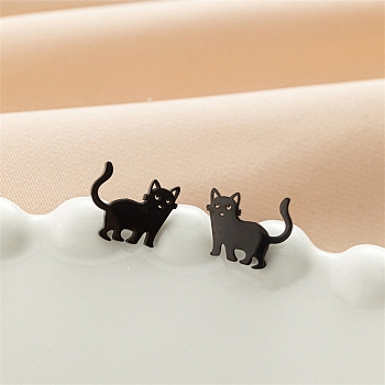 Stainless Steel Cat Shape Stud Earrings, Black, 10x12mm