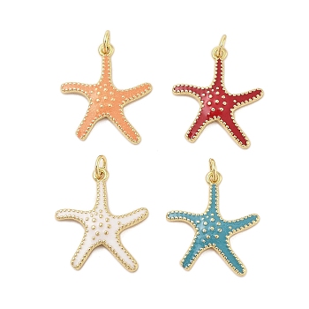 Rack Plating Brass Enamel Pendants, with Jump Ring, Long-Lasting Plated, Cadmium Free & Lead Free, Real 18K Gold Plated, Starfish Charm, Mixed Color, 22x20x3.5mm, Hole: 3mm