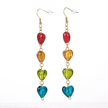 Handmade Silver Foil Glass Dangle Earring, with 304 Stainless Steel Earring Hooks and Ear Nuts, Heart, Golden, Colorful, 95mm, Pin: 0.5mm