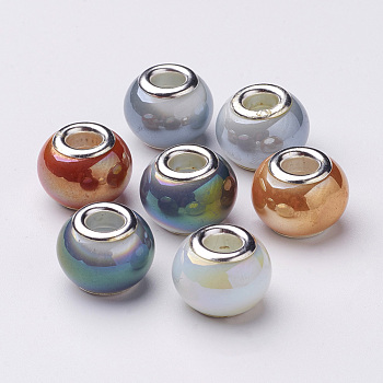 Electroplate Imitation Jade Glass  European Beads, with Silver Color Plated Brass Double Core, Full Rainbow Plated, Large Hole Rondelle Beads, Mixed Color, 14~15x11mm, Hole: 4.5~5mm