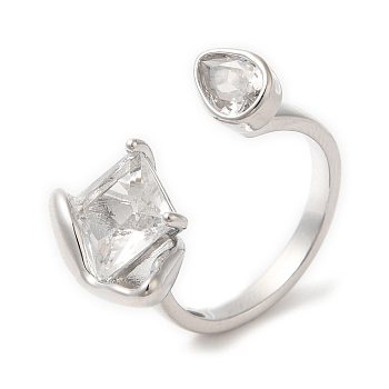 Glass Rhombus & Teardrop Open Cuff Ring, Brass Ring for Women, Real Platinum Plated, Inner Diameter: 18mm