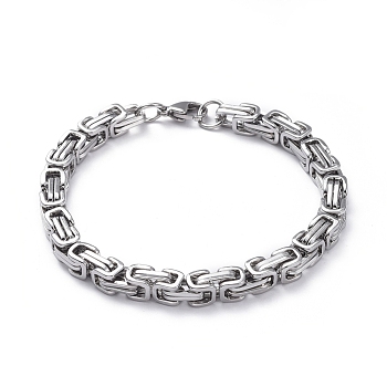 Unisex 201 Stainless Steel Byzantine Chain Bracelets, with Lobster Claw Clasps, Stainless Steel Color, 8-1/4 inch(21cm), 6mm