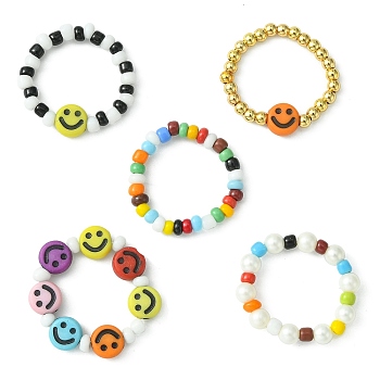 5Pcs 5 Style Smiling Face Acrylic & Glass Seed Stretch Rings Set, Braided Beaded Jewelry for Women, Mixed Color, Inner Diameter: 20mm, 1Pc/style