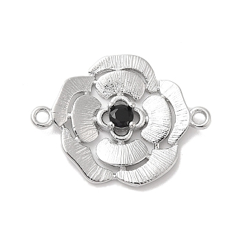 Brass Pave Glass Connector Charms, Flower Links, Real Platinum Plated, Black, 17x22.5x3mm, Hole: 1.4mm