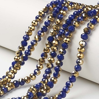 Electroplate Opaque Glass Beads Strands, Half Golden Plated, Faceted, Rondelle, Prussian Blue, 6x5mm, Hole: 1mm, about 83~85pcs/strand, 38~39cm