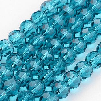 Transparent Glass Bead Strands, Imitate Austrian Crystal, Faceted(32 Facets), Round, Cyan, 6mm, Hole: 1mm, about 96~98pcs/strand, 20~21 inch