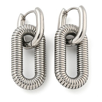 Non-Tarnish Grooved Oval 304 Stainless Steel Huggie Hoop Dangle Earrings for Women, Stainless Steel Color, 35x13.5mm