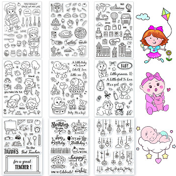 Globleland 9 Sheets 9 Style PVC Plastic Stamps, for DIY Scrapbooking, Photo Album Decorative, Cards Making, Stamp Sheets, Mixed Patterns, 16x11x0.3cm, 1sheet/style