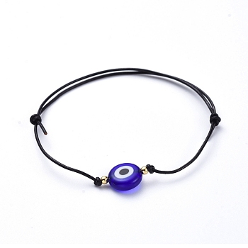 Adjustable Cowhide Cord Bracelets, with Brass Beads and Handmade Evil Eye Lampwork Beads, Blue, Inner Diameter: 2-1/4 inch~3-7/8 inch(5.8~10cm)