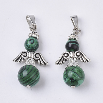 Synthetic Malachite Pendants, with Alloy Findings, Rhinestone and Stainless Steel Snap on Bails, Angel, Antique Silver, Dyed, 36.5~39x19.5~20x12~12.5mm, Hole: 8x3mm