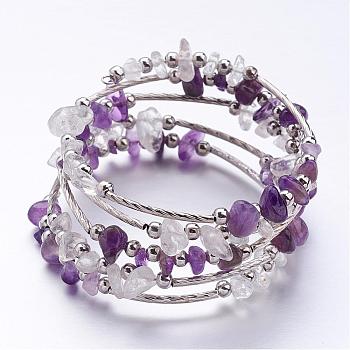 Five Loops Wrap Amethyst Beads Bracelets, with Crystal Chips Beads and Iron Spacer Beads, Purple, 2 inch(52mm)