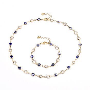 Brass Link Chain Bracelet & Necklace Jewelry Sets, with Glass & Cubic Zirconia & 304 Stainless Steel Lobster Claw Clasps, Evil Eye, Blue, Golden, 7-1/8 inch(18cm), 17.32 inch(44cm)