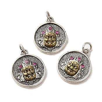 Brass Pendants, with Rhinestone and Jump Ring, Flat Round with Buddha Charms, Antique Silver & Antique Golden, 17.5x14.5x3mm, Hole: 3mm