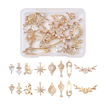 16 Pcs 8 Styles Brass Micro Pave Cubic Zirconia Links Connectors & Pendants, Long-Lasting Plated, Mixed Shapes, Light Gold, Clear, 2pcs/style