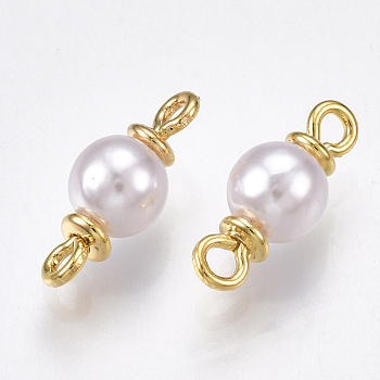 Brass Links connectors, with ABS Plastic Imitation Pearl, Round, Nickel Free, Real 18K Gold Plated, 12x5mm, Hole: 1.4mm