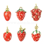 6Pcs 6 Styles Brass Enamel Pendants, with Jump Ring, Cadmium Free & Lead Free, Long-Lasting Plated, Real 18K Gold Plated, Rack Plating, Fruit Charm, Strawberry, 11.5~15x6.5~11x6.5~10mm, Hole: 1.2~3.5mm, 1pc/style (KK-CJ0003-69)