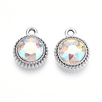 K5 Glass Pendants, Flat Round, Faceted, with Alloy Findings, Platinum, Azure, 17~17.7x14x5.2~6mm, Hole: 2mm(X-PALLOY-T090-43P-16)
