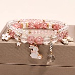 2Pcs 2 Styles Plastic & Glass Beaded Stretch Bracelets, Alloy Enamel Charms Bracelets for Women, Rabbit, Golden, Light Coral, Light Coral, Inner Diameter: 2-3/8 inch(6cm)(FS-WGE3E77-04)
