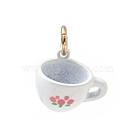 Spray Painted Brass Charms, Cup with Floral Pattern Charms, Golden, White, 13x15x10mm, Hole: 3.8mm(KK-CBAEB58-13)