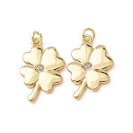 Brass Micro Pave Cubic Zirconia Pendants, Clover Charms, Rack Plating, Long-Lasting Plated, Lead Free & Cadmium Free, Real 18K Gold Plated, Clear, 25x16x3mm, Hole: 3mm(CU-CBA2F11-20E-G)