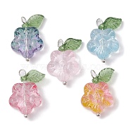 Transparent Glass Flower & Acrylic Leaf Pendants, with Brass Loops, Mixed Color, Silver, 19.5x12.5x5mm, Hole: 1.5mm(PALLOY-JF02287-01)