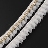 Elastic Chinlon Lace Trim, with Imitation Pearl Beads, Pleated Lace, Floral White, 1-1/8 inch(30x7mm)(EW-WH0013-21)