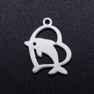 201 Stainless Steel Hollow Pendants, Heart with Dolphin, Stainless Steel Color, 18x14x1mm, Hole: 1.5mm(STAS-Q201-JN283-1)
