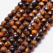 Natural Tiger Eye Beads Strands, Grade AB, 128 Faceted(64 Facets), Round, 4mm, Hole: 0.8mm, 95pcs/strand, 15.7 inch(G-N0179-16-4mm)