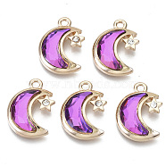 Glass Rhinestone Pendants, with Light Gold Plated Brass Plain Edge Bezel Cups, Faceted, Moon, Amethyst, 19x14x4mm, Hole: 1.8mm(GLAA-N038-11A-B02)