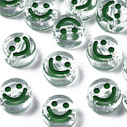 Transparent Acrylic Beads, Horizontal Hole, with Glitter Powder & Enamel, Flat Round with Smile Face, Dark Green, 10x5mm, Hole: 2mm, about 1600pcs/500g(MACR-N008-55C)