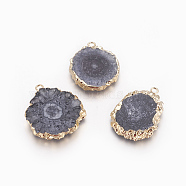 Natural Dyed Quartz Pendants, Solar Quartz, with Golden Plated Edge Brass Findings, Flat Round, Gray, 25~42x22~23x4~6mm, Hole: 2.5mm(G-P399-B03)