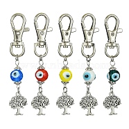 Alloy Tree of Life Pendant Decorations, Handmade Evil Eye Lampwork Beads and Lobster Claw Clasps Charms, Mixed Color, 90mm(HJEW-JM01253)