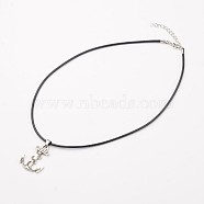 Anchor Tibetan Style Alloy Pendant Necklaces, with Waxed Cord and Lobster Claw Clasps, Antique Silver, 17.7 inches(NJEW-F197-22)