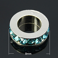 Brass Rhinestone Spacer Beads, Grade A, Platinum Metal Color, Aquamarine, 8x2.5mm, Hole: 5mm(X-RB-H253-8x2.5mm-03)