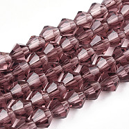 Bicone Glass Beads Strands, Faceted, Purple, 4x4mm, Hole: 1mm, about 92~96pcs/strand, 13.78~14.37 inch(EGLA-P016-4mm-03)