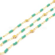 Handmade Brass Link Chains, with Faceted Glass Beads, Long-Lasting Plated, Soldered, with Spool, Flower with Enamel, Golden, Mixed Color, Link: 13x7.5x2mm, 7x3mm(CHC-C019-21)